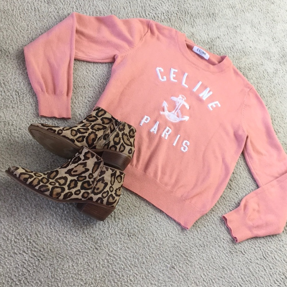 PEACH-CORAL/“CELINE PARIS”TYPE EMBROIDERED LOOK SWEATER